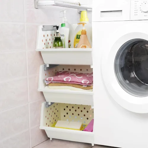 Vista 7 de Paquete de 3 cestas de almacenamiento apilables de plástico, cesta organizadora apilable blanca Stackable Storage Design, Breathable Perforated