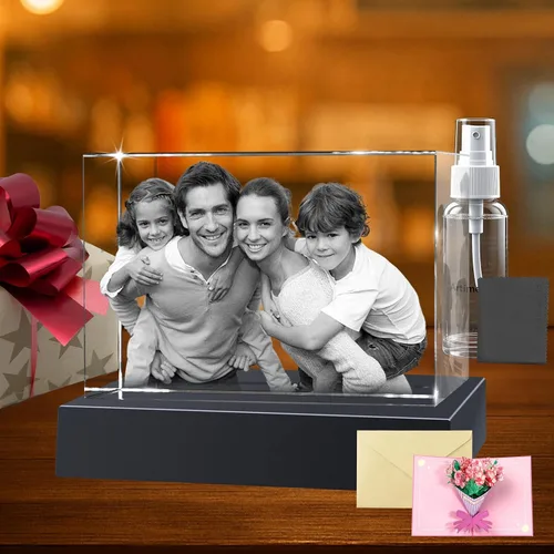 Vista 10 de Marco de Fotos Personalizado de Cristal 3D Rectangular Pequeño (Horizontal) – Premium: Base LED Multicolor, Envoltorio para Regalo y Tarjeta 3D