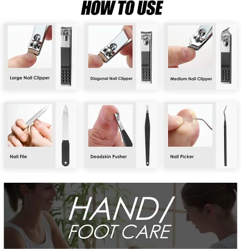 Vista 6 de WOAMA Juego de manicura - Kit de pedicura 10 en 1 con bolsa negra, kit de manicura para mujeres y hombres