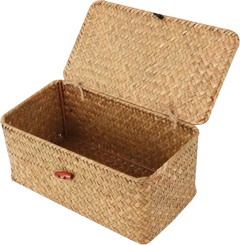 Vista 7 de Moosky Cestas de mimbre con tapa, cesta tejida a mano de pastos marinos para cestas de almacenamiento, cajas de regalo rectangulares para el hogar