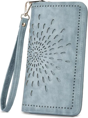 Vista 13 de APHISON Billetera para mujer, gran capacidad, monedero, tarjetero, RFID, pulsera, teléfono, cremallera, moneda, bolsillo de viaje azul