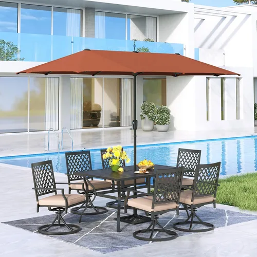 Vista 41 de MFSTUDIO Juego de mesa de comedor para patio al aire libre con paraguas, 4 sillas giratorias y 1 x 37 cuadrado Bistro forjado Iorn Slat mesa grande
