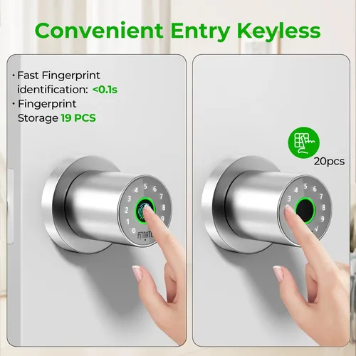 Vista 4 de FITNATE Pomo de puerta de huellas dactilares con teclado, perilla de puerta inteligente con control de aplicación, cerradura de puerta biométrica