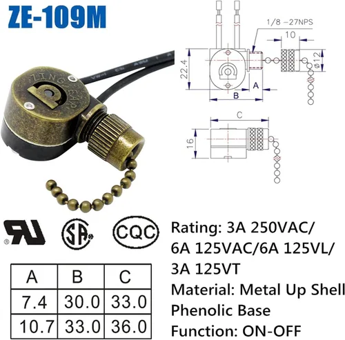 Vista 2 de Interruptor de cadena de tracción de techo ZE-109M Zing Ear Metal Pull Chain Light Switch ON-Off Interruptor de cadena de tracción Interruptor
