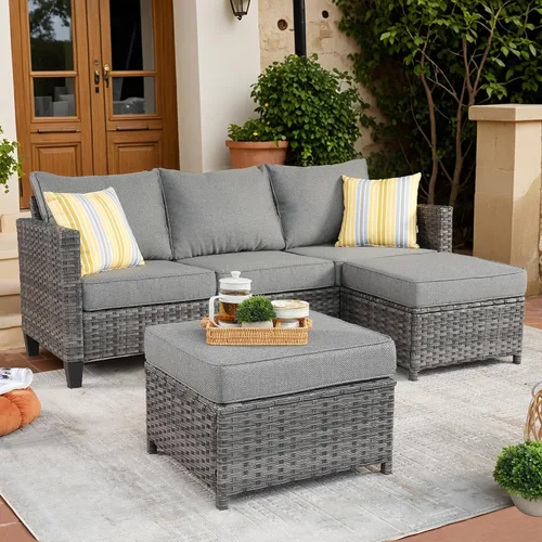 Vista 9 de ovios Sofá de patio de 3 piezas, juego de muebles de patio al aire libre, sofá de mimbre con otomanas gruesas cojines, juego de conversación de Beige