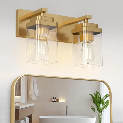 Vista 20 de Lámparas de baño de oro cepillado, 4 luces de baño sobre el espejo, diseño cuadrado y placa trasera grande rectangular, accesorios de iluminación