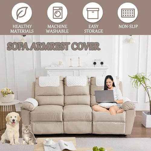 Vista 2 de Funda para Reposabrazos de Sofá, Funda para Reposacabezas de Silla Reclinable, Funda de Sillón con Bolsillos, Protector de Muebles Acolchado Beige