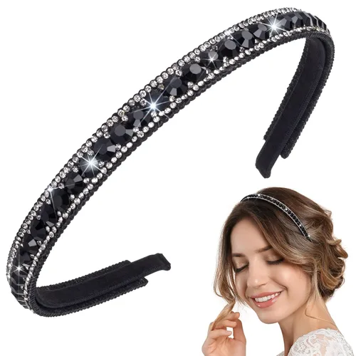 Vista 8 de HINZIC Paquete de 2 diademas de diamantes de imitación para mujer, color negro y plateado