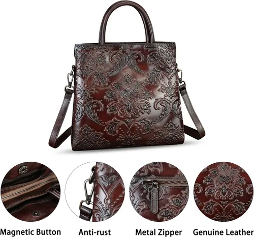 Vista 5 de Bolso de cuero genuino para mujer, bolso de cuero en relieve, bolso de mano con asa superior, bolso cruzado