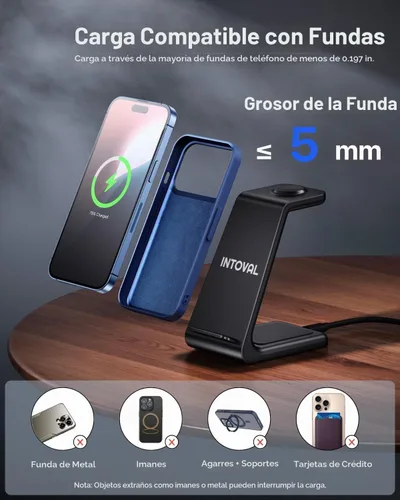 Vista 8 de Intoval Estación de carga inalámbrica 3 en 1 para iPhone y Apple Watch, soporte de cargador inalámbrico rápido, base de carga de escritorio compacta