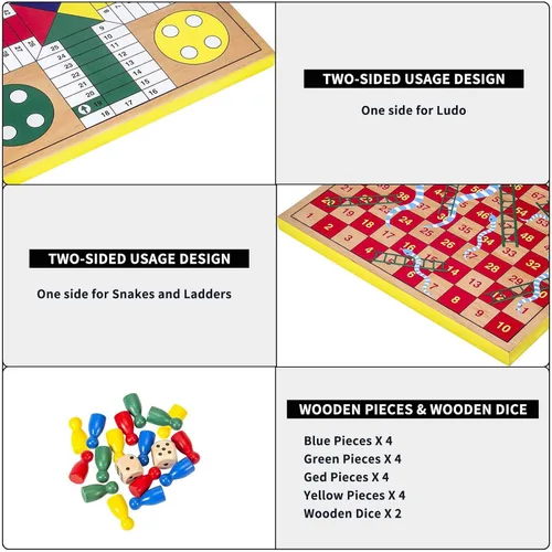 Vista 7 de AMEROUS Juego de mesa de ludo de madera de 12 pulgadas - Serpientes y escaleras, reversible 2 en 1, juego de dados familiar de 1-4 jugadores, juego