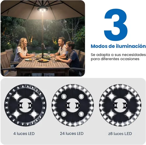 Vista 4 de Parasol de sombrilla para patio, luces 3 en modo brillo e inalámbrico, 28 luces LED en 220 Lux. 4 x AA baterías de función, sombrilla con pértiga