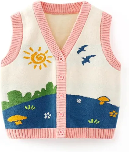 Vista 8 de Chaleco de suéter unisex para bebé con cuello en V y mangas sin costuras de algodón suave Cárdigan Oso Albaricoque