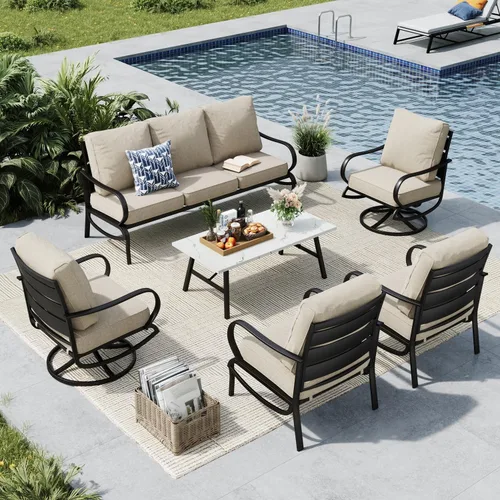 Vista 19 de MFSTUDIO Juegos de muebles de patio, sofás de conversación de metal para exteriores con 1 sofá de 3 asientos para jardín, cojín beige