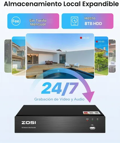 Vista 6 de ZOSI Sistema de cámara de seguridad para el hogar 8CH 4K PoE con 2TB HDD 4 cámaras de metal IP PoE resistentes a la intemperie de 5 MP, visión