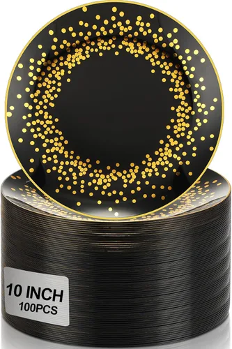 Vista 8 de Hsei 100 platos de plástico negros y dorados a granel desechables para Halloween, platos redondos de postre para cenas, bodas, cumpleaños, Navidad