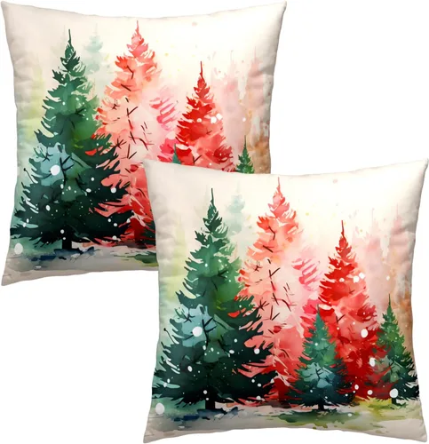 Vista 2 de Fundas de almohada de árbol de Navidad de acuarela, juego de 2 - 18x18 pulgadas, rojo verde, árboles de pino de Navidad, fundas de almohada