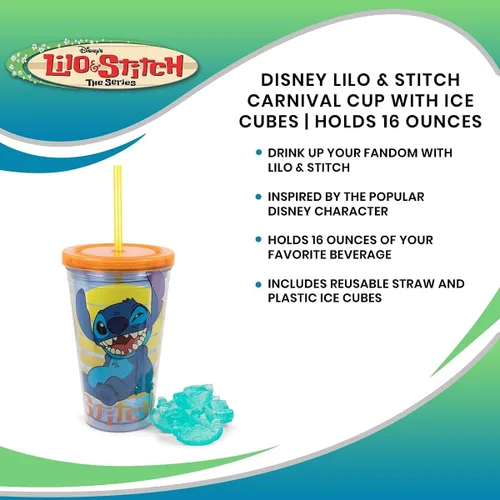 Vista 7 de Disney Lilo & Stitch Taza de carnaval con popote reutilizable, tapa a prueba de fugas, cubos de hielo de plástico, vaso de plástico sin BPA, vaso