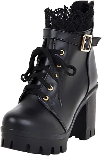 Vista 4 de Hbeylia Botas de combate de plataforma para mujer, botas de cuero con encaje grueso, botines de cuero gótico, antideslizantes, tacones altos, botas