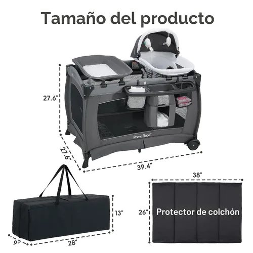 Vista 2 de Centro para bebé, corralito plegable para bebé y niño pequeño, moisés, colchón, mesa de cambio para recién nacidos (negro)