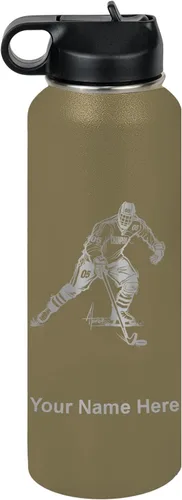 Vista 68 de LaserGram Botella de agua personalizada, jugador de hockey, acero inoxidable de doble pared aislada al vacío con popote superior, regalo grabado