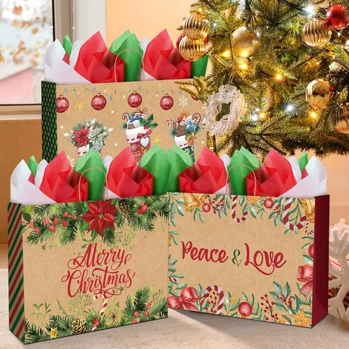 Vista 4 de Zachely 24 bolsas de regalo de Navidad extra grandes con 24 papel de seda, bolsas de papel kraft jumbo a granel para regalos, 6 estilos de bolsas