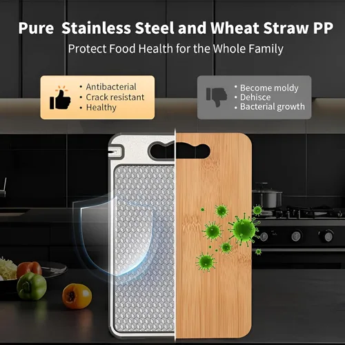 Vista 5 de Tabla de cortar de acero inoxidable de doble cara, tabla de cortar de grado alimenticio 304 con malla resistente a los arañazos, ranura para jugos