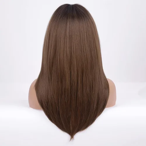 Vista 6 de HAIRCUBE Peluca sintética marrón oscuro para mujer, pelucas en capas con flequillo de longitud media recta y resistente al calor Marrón oscuro2