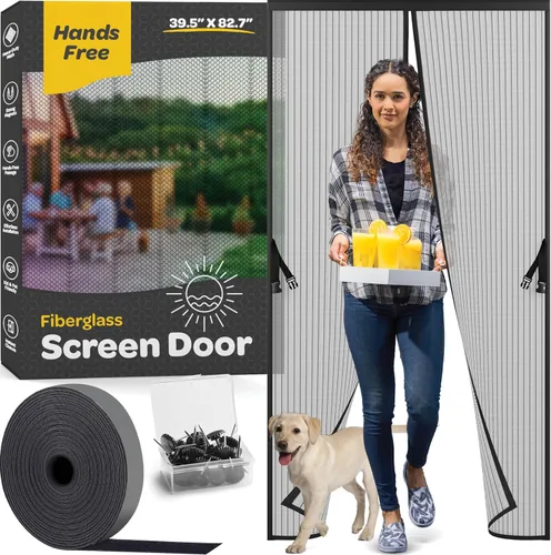 Vista 11 de Puerta mosquitera magnética manos libres, resistente, protector de malla de puerta de mosquitero autosellado, apto para mascotas y niños, hebilla