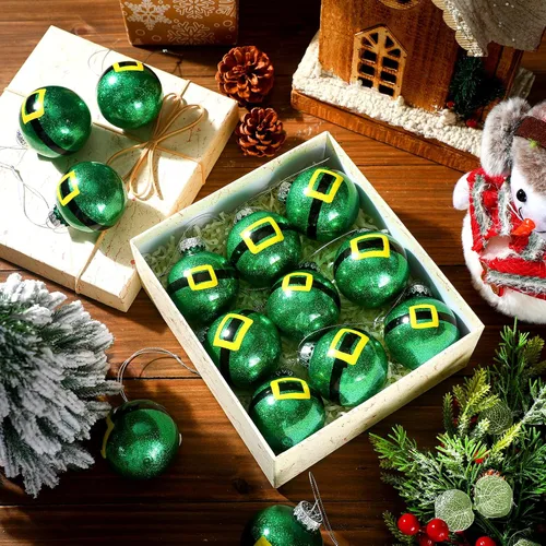 Vista 3 de Soulchen 16 adornos de bola de Navidad de elfo de 2.36 pulgadas, bola colgante con purpurina inastillable, adorno de árbol de elfo verde, decoración