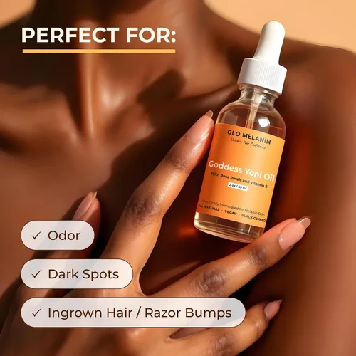 Vista 2 de Glo Melanin Yoni - Lavado de aceite para mujeres, equilibrio de pH y humedad, aceite vaginal o femenino para vellos encarnados con pétalos de rosa