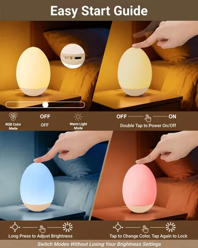 Vista 6 de Luz nocturna de huevo para bebé para guardería y lactancia – Luz táctil portátil con 7 colores RGB, atenuación continua, recargable, silicona suave