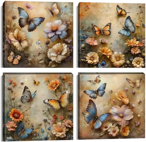 Vista 95 de Wall HDQ Arte de pared de flores para baño, dormitorio, sala de estar, decoración de pared azul y naranja, pintura floral, lienzo impreso, imagen