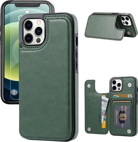 Vista 11 de Funda tipo cartera compatible con iPhone 12 Pro/12, funda protectora delgada con tarjetero, funda premium de cuero sintético con función atril