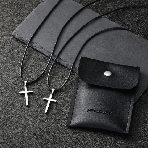 Vista 2 de MEALGUET Collar de cruz minimalista para hombres y mujeres: collares con colgante de cruz de plata lisa de acero inoxidable con cuerda de cera