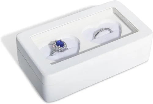 Vista 3 de Caja de anillos para ceremonia de boda, soporte de madera blanca con doble corazón para boda y compromiso (rectángulo blanco)