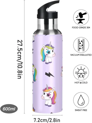 Vista 9 de Insulated Stainless Steel Water Bottle with Straw 32 Oz, Leakproof Water Bottles for Gym Outdoor Travel School, Cute Unicorns Rainbow
