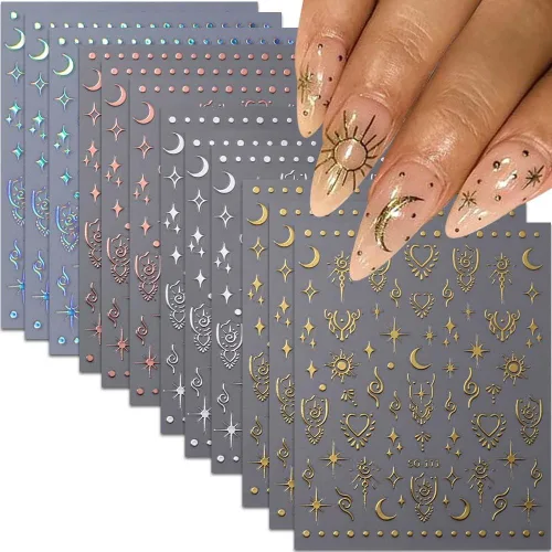 Vista 11 de 12 hojas de calcomanías de uñas doradas, calcomanías de uñas autoadhesivas 3D de metal con diseño de rayas geométricas onduladas, diseños de arte