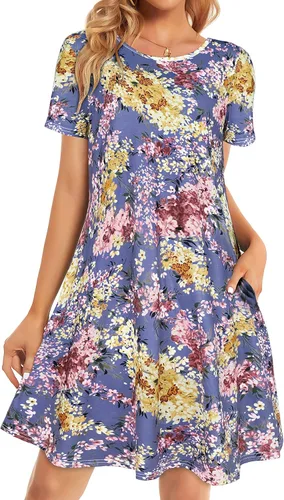 Vista 33 de Vestidos de verano para mujer, informales, holgados, estilo camiseta, florales, de manga corta, con vuelo y bolsillos, para la playa