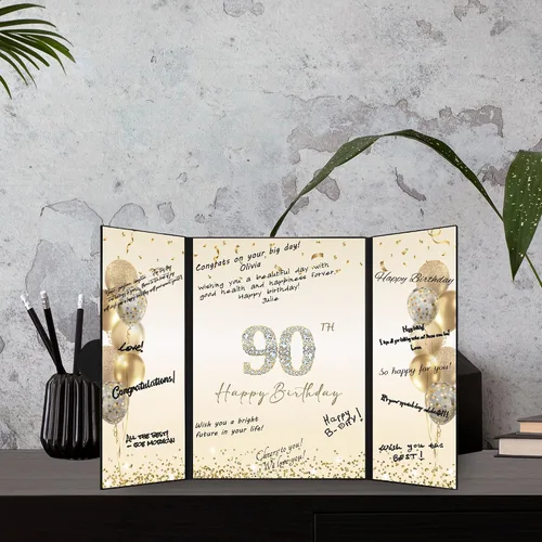 Vista 5 de DARUNAXY Decoraciones de Fiesta de Cumpleaños 90 Años Negro Dorado, Feliz Cumpleaños 90 Libro de Invitados de Firmas Alternativo para Hombres