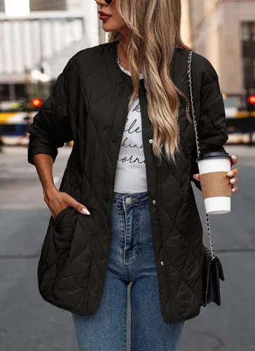 Vista 7 de PRETTYGARDEN Chaqueta bomber acolchada para mujer, estilo casual, de gran tamaño, con botones, ropa exterior