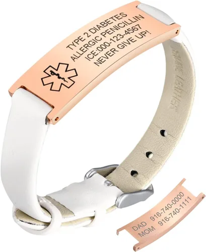Vista 17 de MPRAINBOW Pulsera de alerta médica personalizada para mujer, correa de reloj de cuero genuino, grabado de doble cara, diabetes, epilepsia, joyería