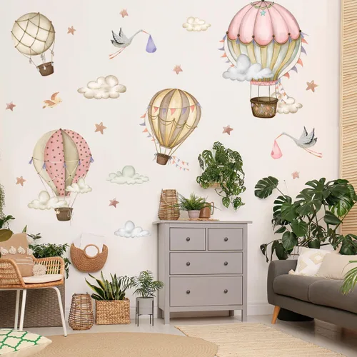 Vista 4 de Globos de aire caliente extraíbles, calcomanías de pared, globos de acuarela, pájaros, estrellas, calcomanías de pared, pintura a mano, globos