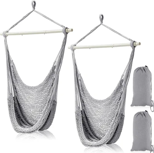 Vista 11 de Barydat - 2 sillas colgantes tipo hamaca estilo bohemio, para exteriores e interiores, cómoda cuerda de algodón suave con barras de metal Beige