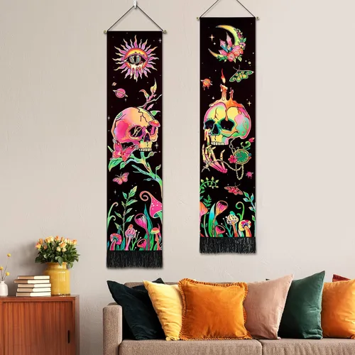 Vista 4 de Leofanger Paquete de 2 tapices verticales de calavera negra con luz negra, tapiz de sol y luna, tapiz de flores de mariposa y mariposa negra, tapiz
