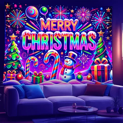 Vista 15 de NYZE - Tapiz de Navidad con Papá Noel, tapiz de luz negra que brilla en la oscuridad, colgante de pared, banner festivo, decoración para fiesta