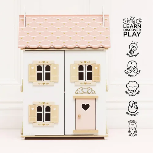 Vista 5 de Le Toy Van – Casa de muñecas de madera en forma de corazón de rosa Juego de casa de muñecas de madera de 3 plantas para niñas y niños - Adecuado