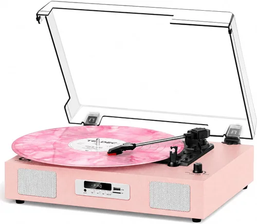 Vista 15 de Tocadiscos de vinilo vintage con altavoces integrados, tocadiscos de 3 velocidades por correa, reproducción Bluetooth, grabación USB/TF, parada