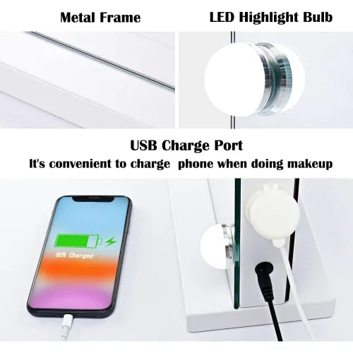 Vista 4 de Espejo de tocador de maquillaje con luces, 10 x grandes con 22 bombillas LED regulables, 3 modos de color, control táctil para dormitorio, mesa