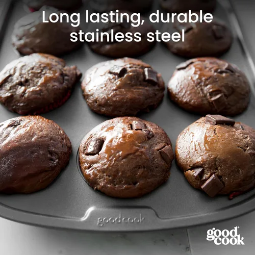 Vista 6 de GoodCook Everyday - Molde para muffins de acero antiadherente para 12 tazas, color gris